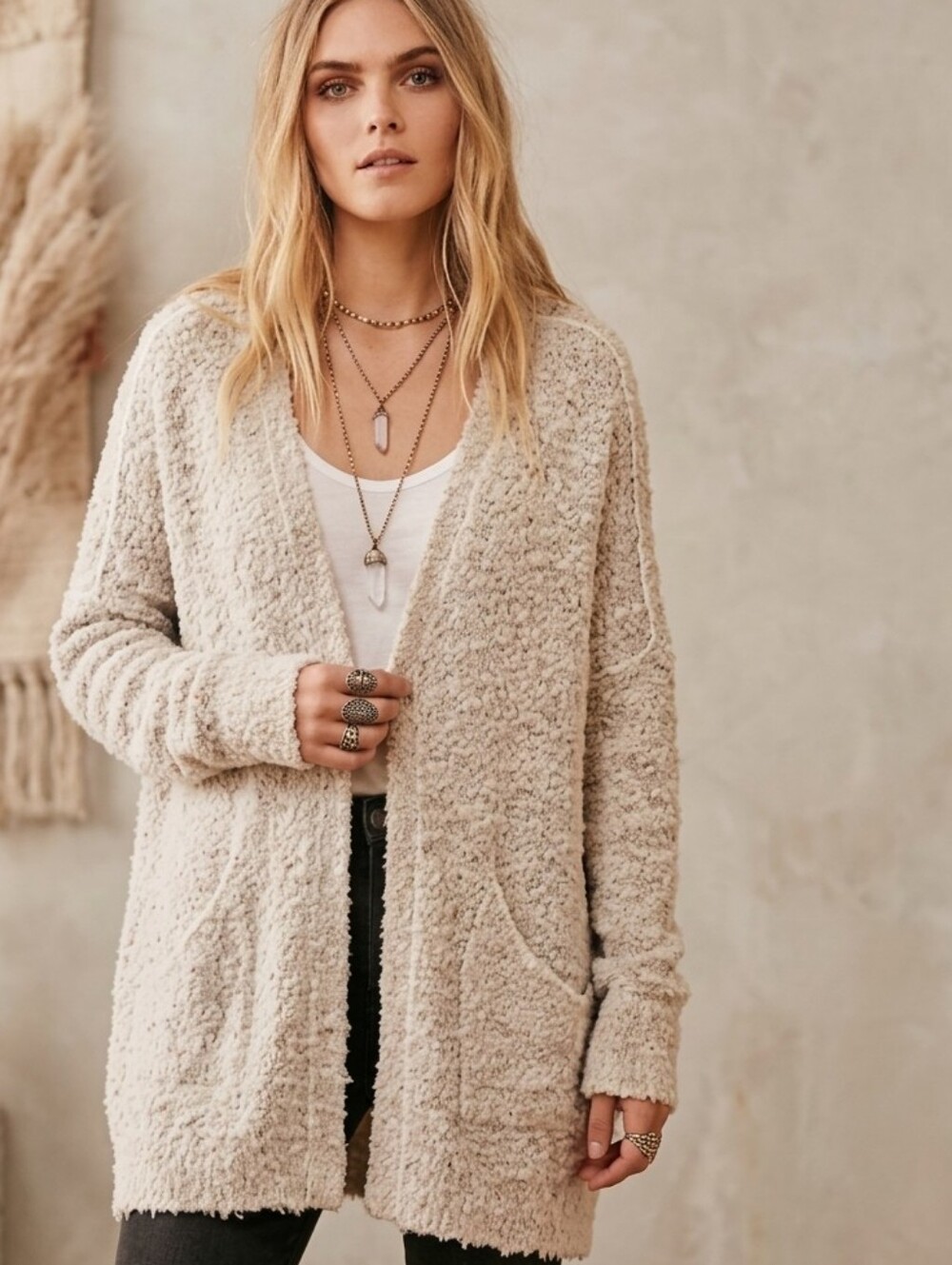 Free People Boucle Cardi Sweater Alpaca Blend S Beige Cozycore Cottagecore